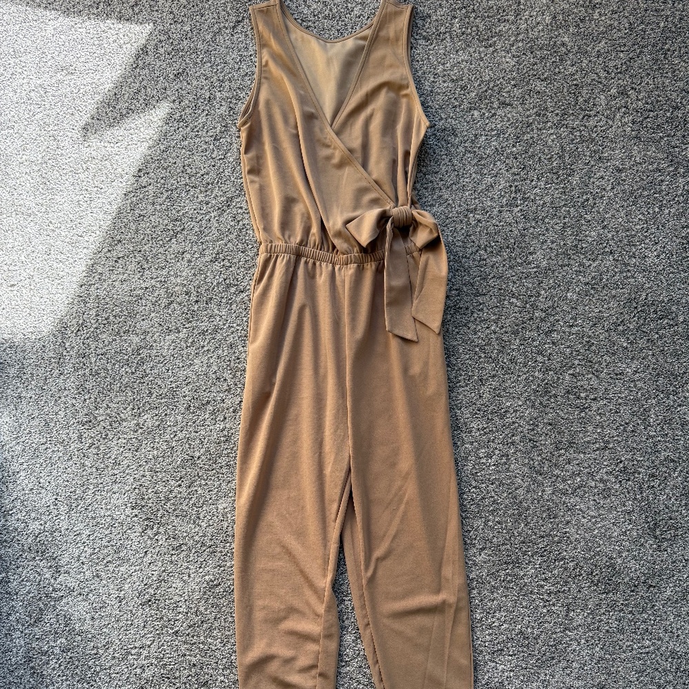 NWOT Camel Colored Faux Wrap Jumpsuit